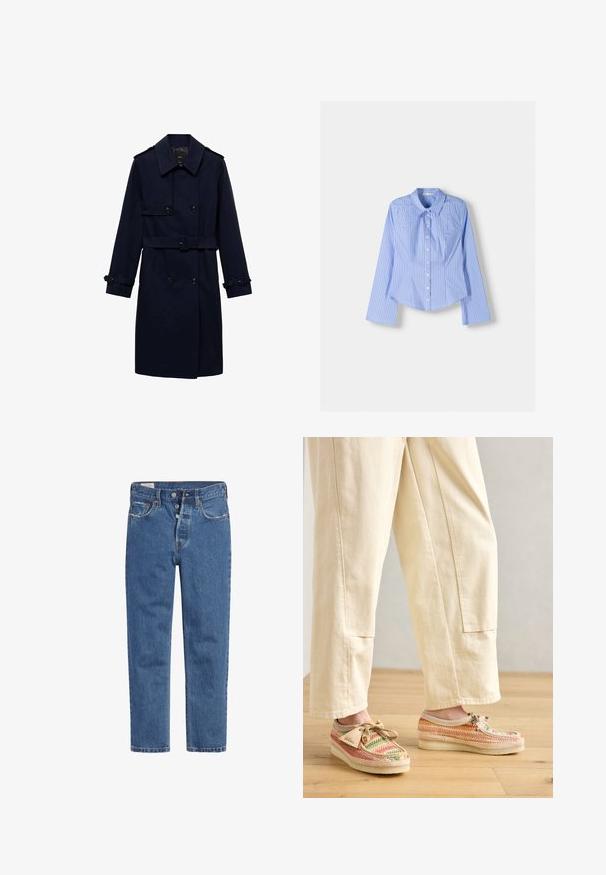 Trench coat blu navy con design doppiopetto, dettagli con bottoni, polsini regolabili e vita cintrata per un aspetto aderente.; Camicia a maniche lunghe con bottoni a righe blu e bianche, colletto all'inglese, vestibilità aderente e orlo curvato. Materiale in cotone strutturato.; Jeans in denim blu con design a vita alta, chiusura con cinque bottoni e taglio dritto. Il tessuto presenta una finitura texturizzata e leggermente sbiadita.; Scarpe intrecciate multicolori con una base beige, caratterizzate da una punta arrotondata e una chiusura con lacci. Tessuto testurizzato con una superficie decorata e dettagli color nocciola.