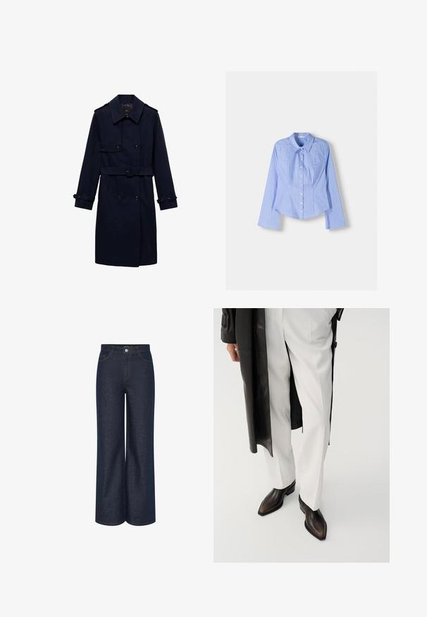 Marineblauwe trenchcoat met een dubbelzijdig design, knoopdetails, verstelbare manchetten en een ceintuur in de taille voor een getailleerde look.; Blauw en witte gestreepte langlopende overhemstel met een spreadkraag, getailleerde pasvorm en afgeronde zoom. Gestructureerd katoenen materiaal.; Wijde donkerdenim jeans met een hoge taille, zichtbare stikseldetails in contrasterend goud, en voor- en achterzakken. Klassiek vijfzakkenontwerp.; Bruine leren enkellaarsjes met een spitse neus en blokhak, gecombineerd met witte op maat gemaakte broeken en een zwarte leren jas.