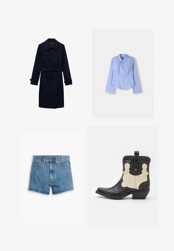 Navy blue trench coat with a double-breasted design, button details, adjustable cuffs, and a belted waist for a fitted appearance.; Blue and white striped long-sleeve button-up shirt with a spread collar, tailored fit, and curved hemline. Textured cotton material.; Denim shorts in light blue, featuring five pockets, a zip fly, and a button closure. The hem is frayed with a relaxed fit design.; Black and cream leather cowboy boot with white stitching, pointed toe, curved patterns, and a short stacked heel. Pull tab on the back.