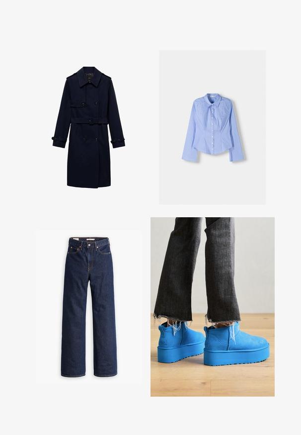 Mornarsko modra plašč z dvojnim zapenjanjem, gumbnimi detajli, nastavljivimi manšetami in pasom za prilegajoč videz.; Modra in bela prugasta srajca z dolgimi rokavi in gumbom, s širšim ovratnikom, prilagojenim krojem in ukrivljenim robom. Teksturni bombažni material.; Temno modri kavbojasti jeans ravnega kroja s petimi žepi, oranžnim šivanjem in zapiranjem na gumb.; UGG CLASSIC ULTRA MINI PLATFORM - Gležnjarji - big sky