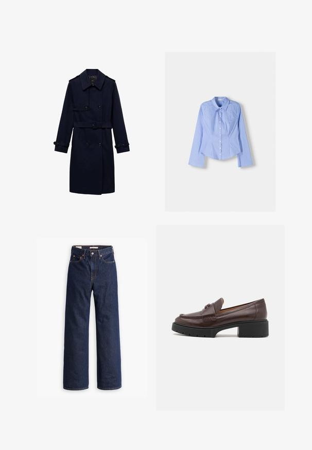 Námornícky modrý trenčkot s dvojradovým dizajnom, gombíkovými detailmi, nastaviteľnými manžetami a opaskom v páse pre priliehavý vzhľad.; Modrá a biela pruhovaná košeľa s dlhým rukávom, zapínaním na gombíky, s rozšíreným golierom, prispôsobeným strihom a zakriveným lemom. Textúrovaný bavlnený materiál.; Tmavomodré džínsy rovného strihu s piatimi vreckami, oranžovým prešívaním a zapínaním na gombík.; Hnedé kožené mokasíny s zaoblenou špičkou, šitými detailmi a mohutným čiernym gumovým podpätkom. Hladký povrch a minimálne akcenty.