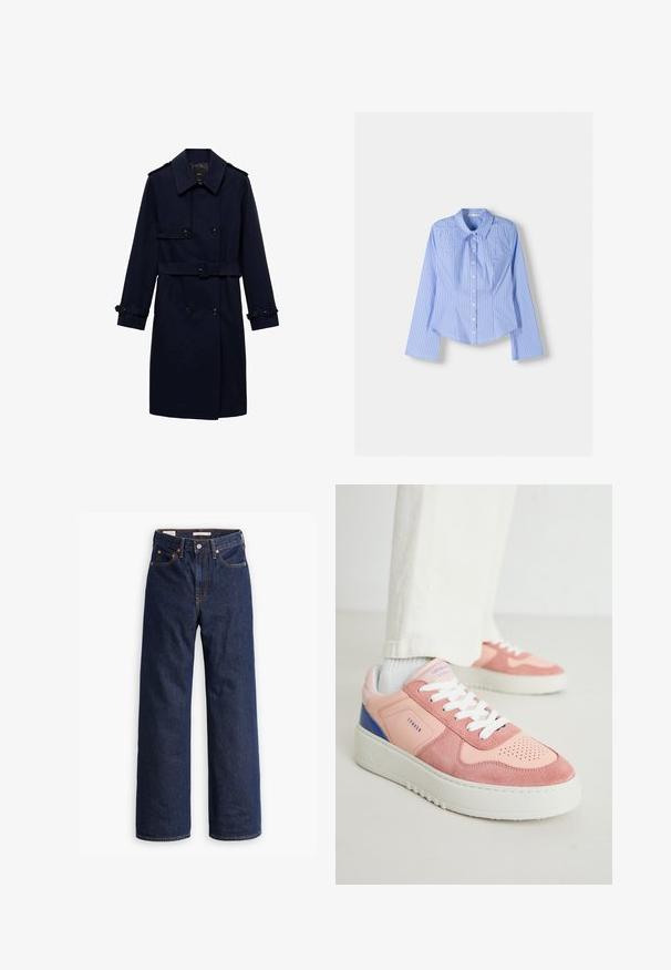 Granatowy trencz o podwójnym guzikowaniu, z detalami guzików, regulowanymi mankietami i paskiem w talii dla dopasowanego wyglądu.; Niebieska i biała w paski, długorękawowa koszula zapinana na guziki, z kołnierzykiem typu spread, dopasowanym krojem oraz zaokrąglonym dolnym wykończeniem. Teksturowany materiał bawełniany.; Granatowe dżinsy o prostym kroju z pięcioma kieszeniami, pomarańczowym przeszyciem i zapięciem na guzik.; Różowe i koralowe tenisówki z zamszu i skóry, białe sznurówki oraz teksturowana gumowa podeszwa. Posiadają niebieskie akcenty na pięcie.