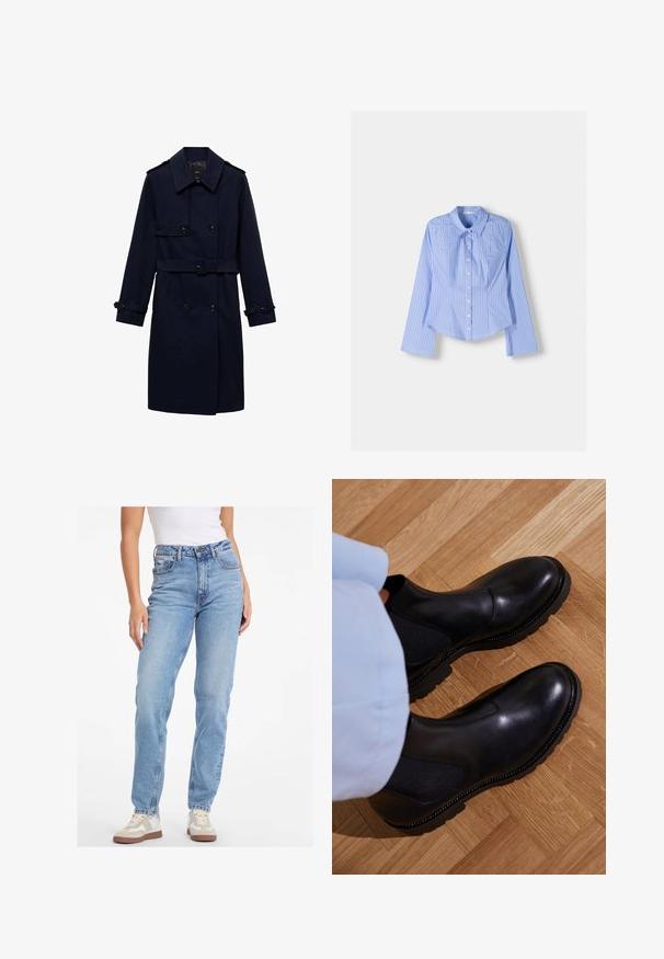 Mornarsko modra plašč z dvojnim zapenjanjem, gumbnimi detajli, nastavljivimi manšetami in pasom za prilegajoč videz.; Modra in bela prugasta srajca z dolgimi rokavi in gumbom, s širšim ovratnikom, prilagojenim krojem in ukrivljenim robom. Teksturni bombažni material.; Svijetloplave traperice visoki struk, s ravnim nogavicama, klasičnim dizajnom s pet džepova i zatvaranjem na dugme.; Črne gležnjarje iz gladke usnje z elastčnimi stranskimi paneli, teksturo gumijastim podplatom in kontrastnim šivanjem ob robu.