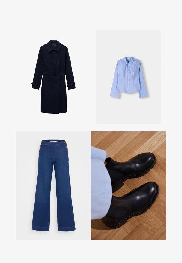 Námornícky modrý trenčkot s dvojradovým dizajnom, gombíkovými detailmi, nastaviteľnými manžetami a opaskom v páse pre priliehavý vzhľad.; Modrá a biela pruhovaná košeľa s dlhým rukávom, zapínaním na gombíky, s rozšíreným golierom, prispôsobeným strihom a zakriveným lemom. Textúrovaný bavlnený materiál.; Tmavomodré rozšírené džínsy z denimu. Vysoký pás so šiestimi veľkými hnedými gombíkmi po boku a úhľadným šitím pozdĺž lemov.; Čierne členkové topánky vyrobené z hladkej kože s elastickými bočnými panelmi, textúrovanou gumovou podrážkou a kontrastným prešívaním po okraji.
