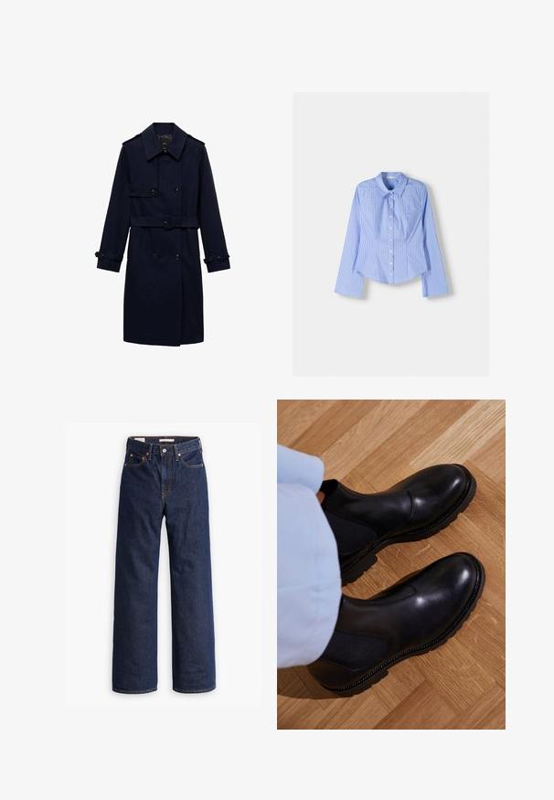 Námornícky modrý trenčkot s dvojradovým dizajnom, gombíkovými detailmi, nastaviteľnými manžetami a opaskom v páse pre priliehavý vzhľad.; Modrá a biela pruhovaná košeľa s dlhým rukávom, zapínaním na gombíky, s rozšíreným golierom, prispôsobeným strihom a zakriveným lemom. Textúrovaný bavlnený materiál.; Tmavomodré džínsy rovného strihu s piatimi vreckami, oranžovým prešívaním a zapínaním na gombík.; Čierne členkové topánky vyrobené z hladkej kože s elastickými bočnými panelmi, textúrovanou gumovou podrážkou a kontrastným prešívaním po okraji.