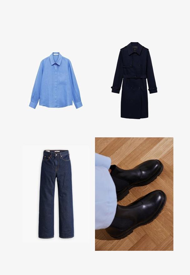 Navy blue trench coat with a double-breasted design, button details, adjustable cuffs, and a belted waist for a fitted appearance.; Light blue long-sleeve linen shirt with a collar, front buttons, and a left chest pocket; features a clean, minimalist design.; Dark blue straight-leg denim jeans with five pockets, orange stitching, and a button fly closure.; Black ankle boots made of smooth leather with elastic side panels, a textured rubber sole, and contrast stitching along the edge.