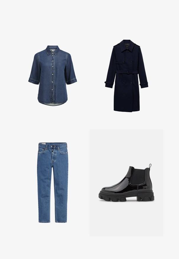 Navy blue trench coat with a double-breasted design, button details, adjustable cuffs, and a belted waist for a fitted appearance.; Denim short-sleeve button-up shirt with collar, pearl snap buttons, and slightly curved hem.; Blue denim jeans featuring a high-waisted design, five-button closure, and straight leg cut. The fabric has a textured, slightly faded finish.; Black patent leather Chelsea boots with elastic side panels, chunky textured sole, and rear pull tab for easy wear.
