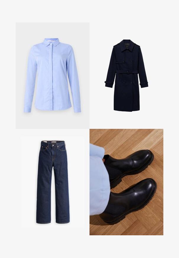 Tummansininen trench-takki, jossa on kaksirivinen suunnittelu, napit yksityiskohtina, säädettävät hihansuut ja vyöllä varustettu vyötärö, joka tuo vartalonmuotoa esiin.; Sininen ja valkoinen raidallinen pitkähihaisella nappikauluspaita, jossa on sileä kangas ja kaareva helma.; Tummansiniset suorat farkut, joissa on viisi taskua, oranssit saumat ja napituskaitale.; Musta nilkkurit, jotka on valmistettu sileästä nahasta, jossa on elastiset sivupaneelit, teksturoitu kumipohja ja kontrastivärinen ommel reunoilla.