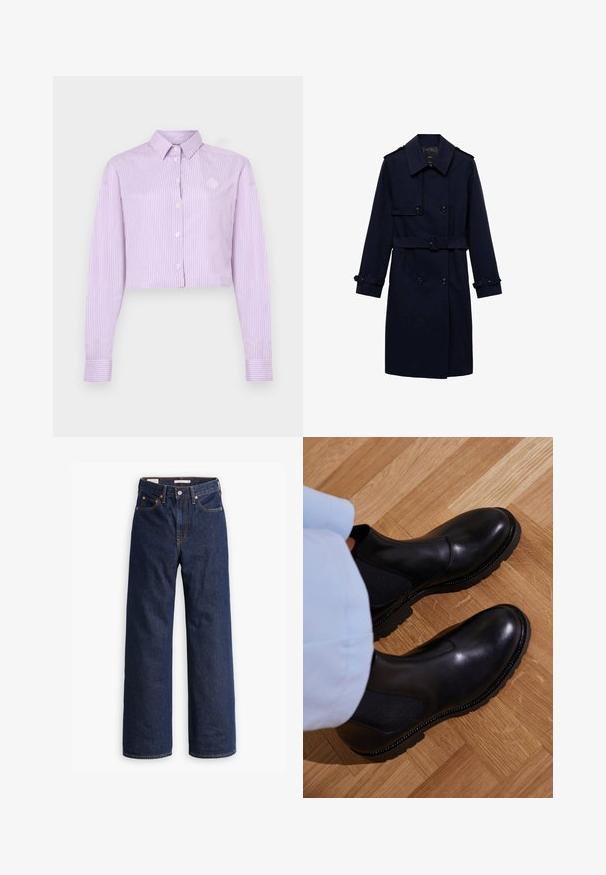 Navy blue trench coat with a double-breasted design, button details, adjustable cuffs, and a belted waist for a fitted appearance.; Cropped button-up shirt in lilac with vertical stripes. Features a classic collar, long sleeves, and a small logo near the chest.; Dark blue straight-leg denim jeans with five pockets, orange stitching, and a button fly closure.; Black ankle boots made of smooth leather with elastic side panels, a textured rubber sole, and contrast stitching along the edge.