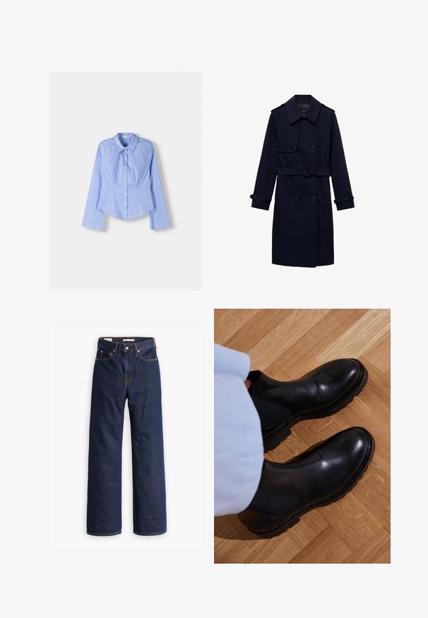 Marineblauwe trenchcoat met een dubbelzijdig design, knoopdetails, verstelbare manchetten en een ceintuur in de taille voor een getailleerde look.; Blauw en witte gestreepte langlopende overhemstel met een spreadkraag, getailleerde pasvorm en afgeronde zoom. Gestructureerd katoenen materiaal.; Donkerblauwe rechte spijkerbroek met vijf zakken, oranje stiksels en een knopen sluiting.; Zwarte enkellaarzen van soepel leer met elastische zijpanelen, een getextureerde rubberen zool en contrasterende stiklijnen langs de rand.