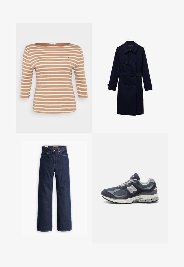 Marineblauer Trenchcoat mit doppelter Knopfleiste, Knopfdetails, verstellbaren Manschetten und einem mit Gürteln versehenen Bund für eine taillierte Optik.; Gestreiftes Langarmshirt in Hellbraun und Weiß mit einem Bootsausschnitt und weichem Baumwollstoff. Enthält ein kleines Logo auf der Brust.; Dunkelblaue gerade geschnittene Denim-Jeans mit fünf Taschen, orangefarbenen Nähten und einem Knopfverschluss.; New Balance Sneakers mit einem Obermaterial aus navy-mesh und Wildleder, grauen Akzenten, weißem Logo, gepolsterter Sohle und strukturierten Details.