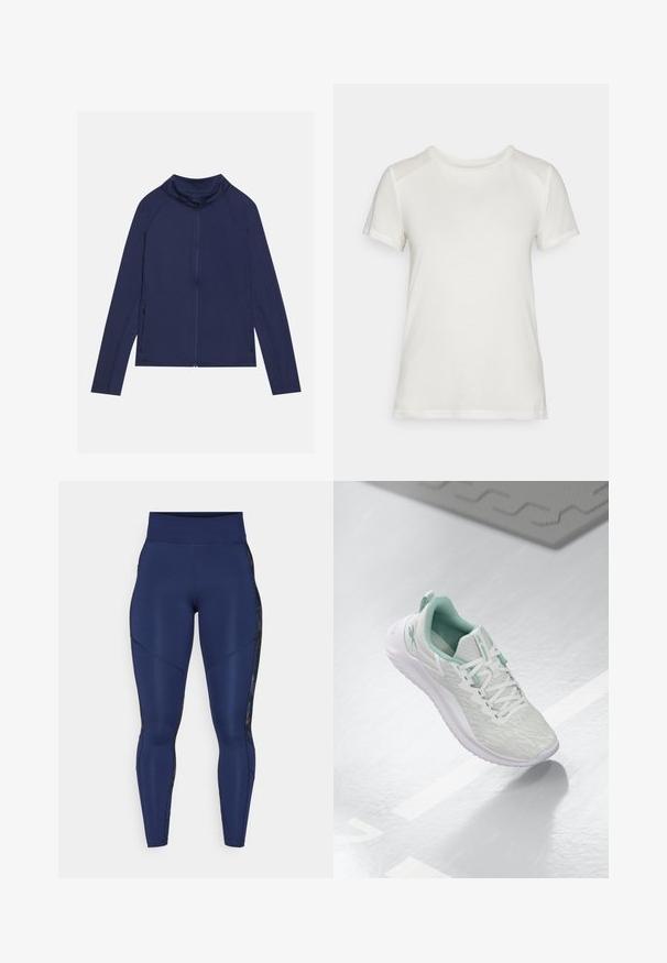 Tengerészkék, hosszú ujjú sportzakó magas gallérral, teljes cipzárral és oldalsó cipzáras zsebekkel; sima, rugalmas anyagból készült, minimális varrásokkal.; Fehér, rövid ujjú póló puha anyagból, kerek nyakkivágással és laza szabással, sima, varrat nélküli vállrész kiemelésekkel.; Sötétkék leggings magas derékkal, sima, texturált panelek a szélén és diszkrét varrási részletek az illeszkedő megjelenésért.; Világosszürke sportcipő, texturált kötött felső réteggel, menta zöld kiegészítőkkel, fehér fűzőkkel, gumitalppal és húzófüllel a saroknál.