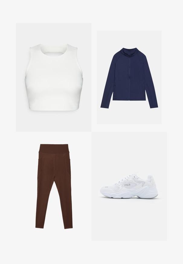 Mørkeblå langærmet sportsjakke med høj krave, fuld lynlås og sidelommer med lynlås; lavet af glat, strækbart stof med minimale syninger.; Hvid ærmeløs crop top lavet af glat stof, med rund hals og design med åben ryg, samt pæne syninger langs kanterne.; Brune leggings lavet af strækbart materiale med et ribbet højt taljebånd og sidelommer. Har fladlock-syninger for ekstra holdbarhed.; Hvide atletiske sko med en struktureret mesh-overdel, polstret krave og kraftig sål. Har et logo på siden og snørebåndslukning.