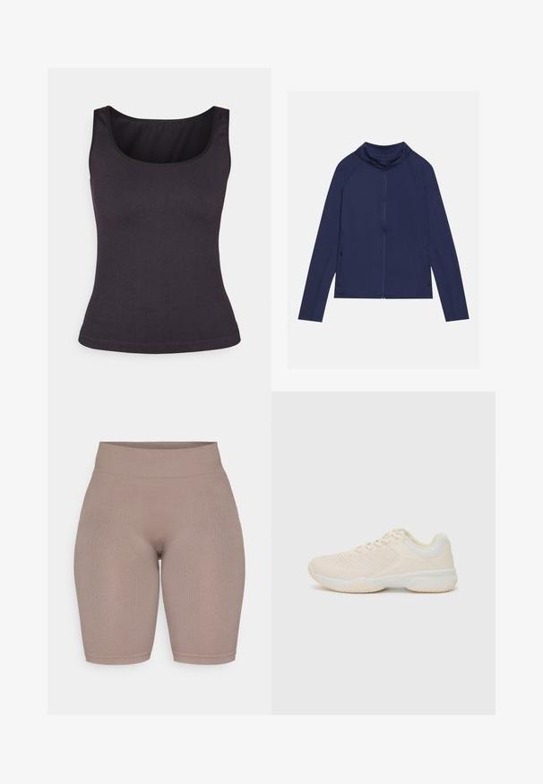 Jūras spēku zilas krāsas sporta jaka ar garām piedurknēm, augstu apkakli, pilnu rāvējslēdzēju un sānu kabatām; izgatavota no gluda, elastīga auduma ar minimāliem šuvēm.; Tumši pelēkā ribota topiņa ar izgriezumu un plānām siksniņām, ar piegulošu piegriezumu un gludu tekstūru.; Augsta jostasvada, ribota velo šorti bēšā krāsā, ar gludu tekstūru un elastīgu jostasvietu ērtībai un piemērotībai.; Gaišbeigā sporta kurpe ar strukturētu virsu, kontrastējošām baltām akcentiem, apaļu purngalu un elastīgu gumijas zoli.