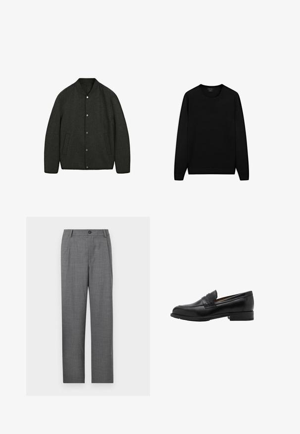 Dunkelgraue Wolljacke mit runder Halslinie, Druckknopfverschluss und zwei Seitentaschen. Glatte Textur und leicht gepolsterter Schnitt.; Schwarzer Langarmpullover mit rundem Ausschnitt. Hergestellt aus weichem Stoff, mit klassischer Passform und gerippten Bündchen und Saum. Keine Muster oder Akzente.; Grau maßgeschneiderte Hose mit einem dezenten Streifenmuster, einer Vorderknopfverschluss und einem geraden Schnitt. Keine sichtbaren Taschen.; Schwarze Leder-Löcher mit genähtem Vorderteil und flachem Absatz. Glatte Textur mit runder Zehenform und einem dekorativen Riemen über dem Spann.