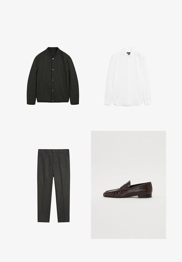 Dark grey wool jacket with a rounded neckline, snap button closure, and two side pockets. Smooth texture and slightly padded design.; White long-sleeve shirt made of smooth fabric, featuring a button-up front, pointed collar, and rounded hem with buttoned cuffs.; Gray wool blend trousers feature a pinstripe design, a straight cut, side pockets, and a front button closure. Structured fabric, smooth texture.; Filippa K GATHERED DETAIL - Moccasins - coffee