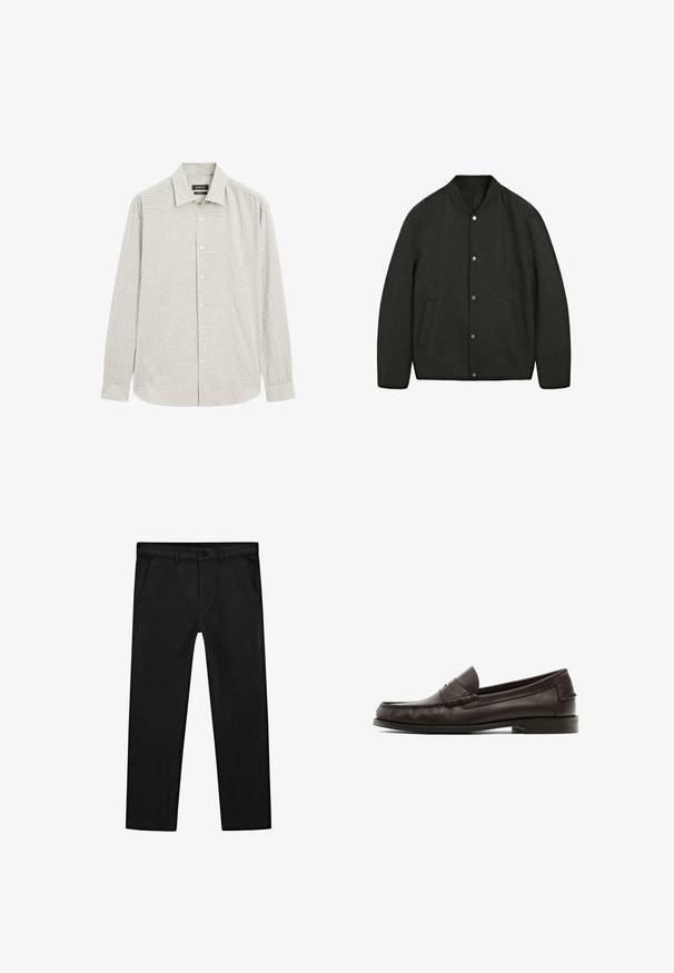 Dark grey wool jacket with a rounded neckline, snap button closure, and two side pockets. Smooth texture and slightly padded design.; Button-up shirt in light green check pattern, made of cotton blend. Features a classic collar and long sleeves, with a straight hem.; Black cotton pants featuring a straight-leg design, front pockets, and a classic button closure with a zip fly. Smooth texture, tailored fit.; Brown leather loafers with a smooth texture, featuring decorative stitching, a low heel, and a rounded toe design.