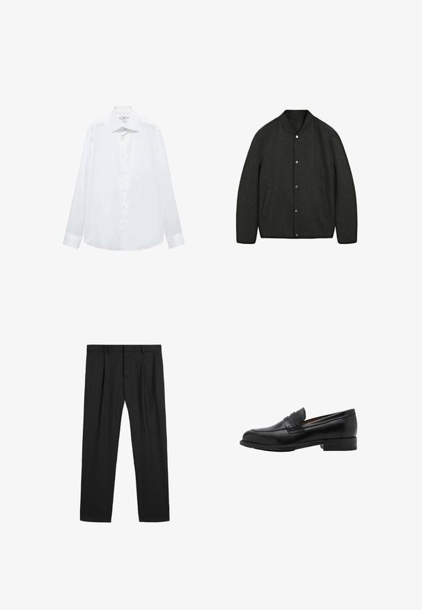 Giacca in lana grigio scuro con collo rotondo, chiusura a bottoni a pressione e due tasche laterali. Tessuto liscio e design leggermente imbottito.; Mango Camicia elegante - white; Pantaloni neri plissettati realizzati in un tessuto liscio, con una vita tradizionale e un design a gamba dritta. Nessun motivo visibile o elementi in metallo.; Mocassini in pelle nera con punta cucita e tacco piatto. Texture liscia con punta arrotondata e una fascia decorativa sopra il collo del piede.