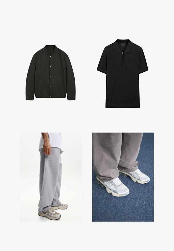 Mørkegrå uldjakke med rund halsudskæring, trykknaplukning og to sidelommer. Glat tekstur og let polstret design.; Sort kortærmet polo skjorte med ståkrave og frontlynlås. Lavet af et glat stof med et rent, minimalistisk design.; Grå sweatpants lavet af blødt stof, med en løs pasform og elastisk talje. Parret med beige og grå sportsko.; Hvide atletiksko i mesh med sølvfarvede detaljer, med en tyk sål og snøresystem. Båret med grå kordbuksbukser. Blåt tæppe i baggrunden.