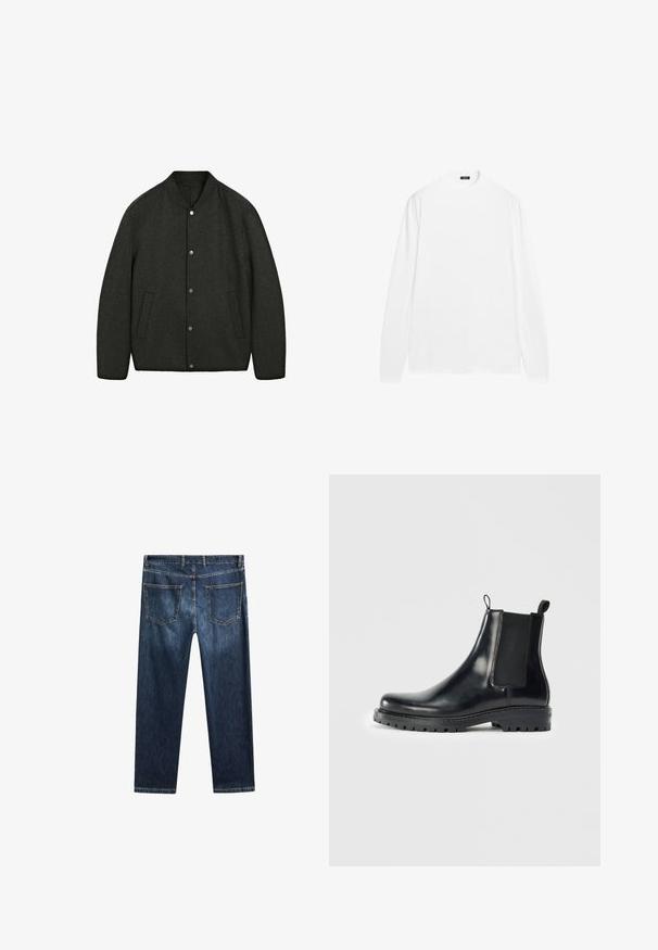 Dark grey wool jacket with a rounded neckline, snap button closure, and two side pockets. Smooth texture and slightly padded design.; Long-sleeve white shirt with a crew neck, made of smooth cotton fabric. Features ribbed cuffs and a straight hemline, no visible patterns.; Dark blue denim jeans with a straight-leg cut, five pockets, and contrasting stitching. Features a clean waistband and hemline.; Black leather Chelsea boots with elastic side panels, a loop-tab for easy wear, and a rugged rubber sole with a textured grip.