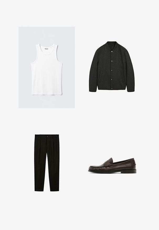 Giacca in lana grigio scuro con collo rotondo, chiusura a bottoni a pressione e due tasche laterali. Tessuto liscio e design leggermente imbottito.; Top bianco senz maniche con scollo rotondo e bretelle larghe. Realizzato in un tessuto leggero e liscio, caratterizzato da un design minimalista senza fantasie.; Pantaloni neri su misura realizzati in tessuto liscio. Caratteristiche includono frontale piatto, gambe larghe e chiusura con bottone in vita.; Mocassini in pelle marrone con una texture liscia, caratterizzati da cuciture decorative, un tacco basso e una punta arrotondata.