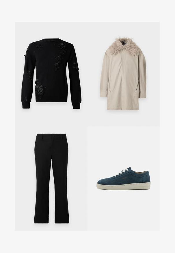 Beige színű, hosszú ujjú kabát, melynek nagy, bolyhos szőrme gallérja van, gombos záródással a nyaknál, és diszkrét varrás részletek elöl és az ujjakon.; Fekete pulóver hosszú ujjal, megtört anyagú részletekkel és texturált foltokkal. Kerek nyakkivágás és puha kötött anyag.; Fekete, harang fazonú nadrág, pamut keverékből készült, gombos záródással, övhurkokkal és sima textúrával, látható minták nélkül.; Kék velúr sneaker lekerekített orral, fehér fűzővel és gumitalppal. Diszkrét varrásokkal és oldalsó márkázott akcentussal rendelkezik.
