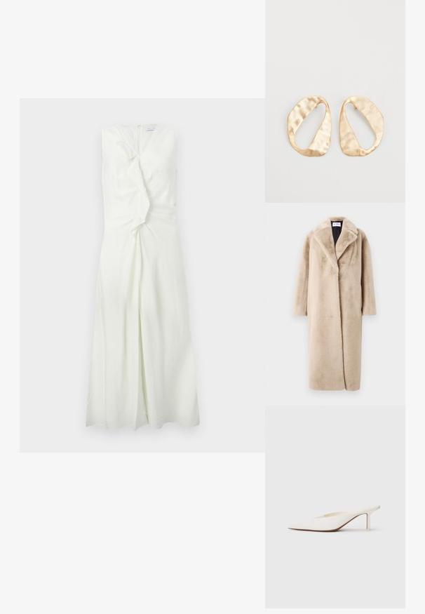 Beež faux fur mantel, millel on lõdva siluett, laiad kraed ja pikad varrukad. Pind on pehme ja luksuslik ning kaasaegse, minimalistliku disainiga.; Varrukateta valge kleit tekstuurse viimistlusega, millel on vöökohal keerutatud disainielement ja tagaseljale paigaldatud lukuga sulgemine. Pikem pikkus.; Küünise otstega valge mool, madala stiletto kontsaga. Valmistatud siledast materjalist, minimalistlik disain ja peene pruunikas tallateen.; Eba paar eba ebaorditud ovaalkujulisi kuldehhe kaal setertu, kerge keersuju pinnaga valgel taustal.