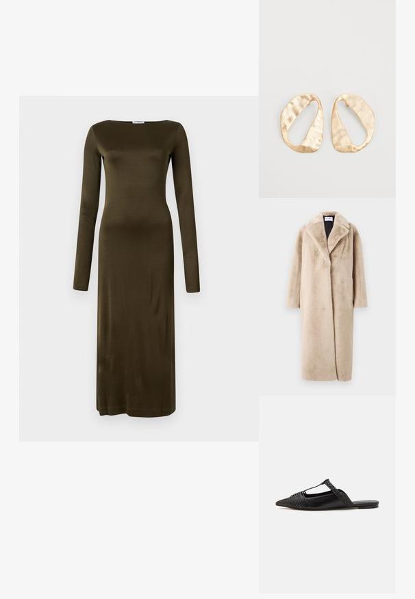 Bežani plašč iz umetnega krzna z sproščenim krojem, širokimi reverji in dolgimi rokavi. Površina ima mehak, plišast občutek in sodoben, minimalističen dizajn.; Kratka obleka z dolgimi rokavi, izdelana iz gladkega olivnega blaga, s pravim silhueto in čolnovim izrezom. Minimalističen dizajn brez vzorcev.; Črne usnjene sandale s priponko, koničastim nosom in tkano dekoracijo ter gubanjem na zgornjem delu. Ravna podplata z minimalno opremo.; Par nenavadno ovalnih zlatih metalnih uhani s teksturirano, rahlo udarjeno površino na belem ozadju.