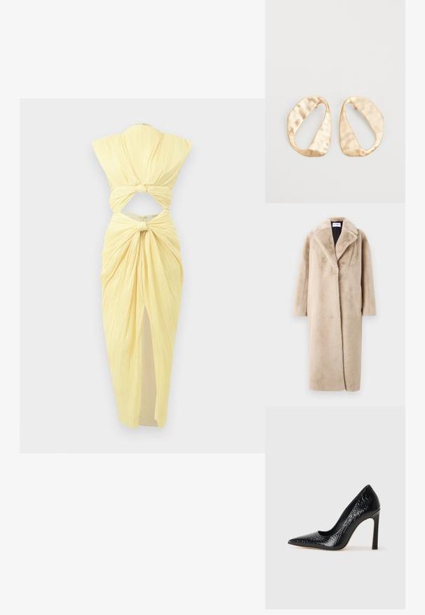 Beež faux fur mantel, millel on lõdva siluett, laiad kraed ja pikad varrukad. Pind on pehme ja luksuslik ning kaasaegse, minimalistliku disainiga.; Cult Gaia INAYA DRESS - Kokteilikleit/peokleit - daffodil; Mustan teravaotsaga kõrge kontsaga king, millel on krokodillimustriga tekstuur, stiilne disain, kõrge stilettokonts ja sile must sisesisustus.; Eba paar eba ebaorditud ovaalkujulisi kuldehhe kaal setertu, kerge keersuju pinnaga valgel taustal.