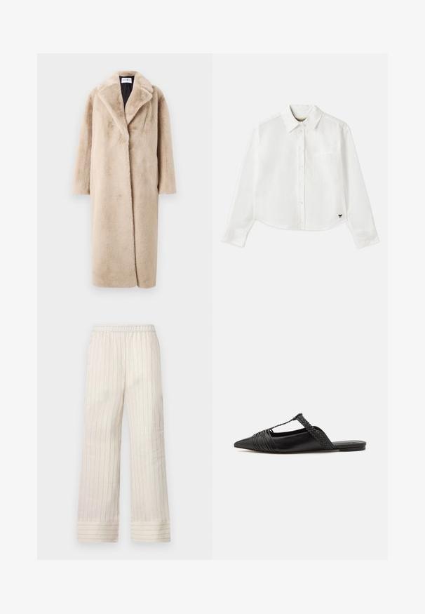 Palton din blană artificială bej, cu o silueta lejeră, rever larg și mâneci lungi. Suprafața are o textură moale și pufoasă și un design modern și minimalist.; Cămașă albă cropped cu mânecă lungă din bumbac. Prezentă un închizător cu nasturi în față, un buzunar pe piept și un mic logo negru în partea stângă jos.; Pantaloni largi de culoare bej deschis cu dungi verticale, talie elastică și terminații cu mansete. Fabricat dintr-un material neted și moale.; Pantofii din piele neagră cu curea la spate au vârful ascuțit, prezentând un accent țesut și un design superior pliat. Talpa joasă cu hardware minim.