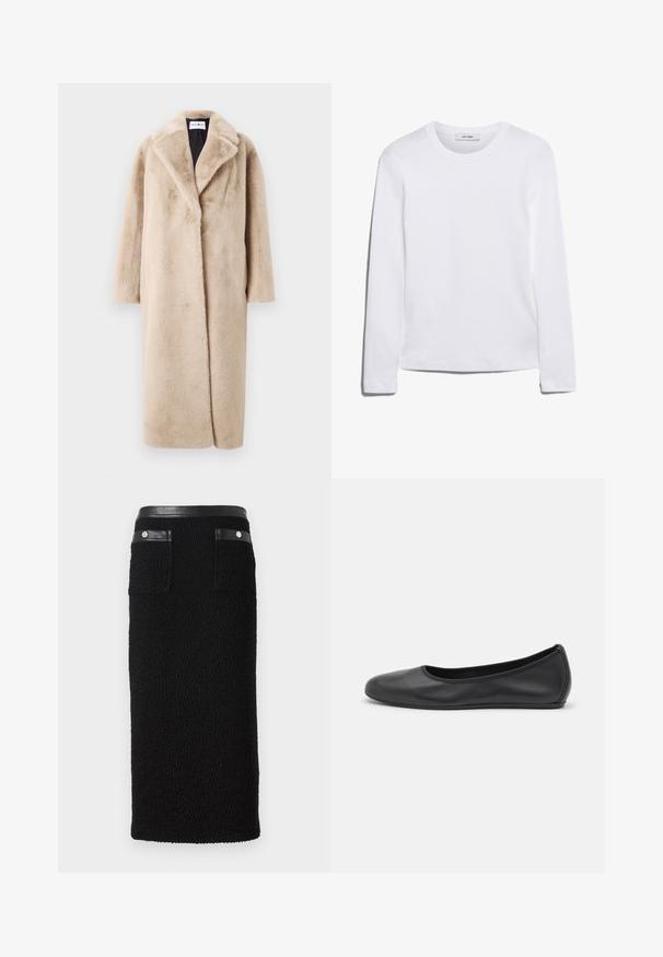 Beež faux fur mantel, millel on lõdva siluett, laiad kraed ja pikad varrukad. Pind on pehme ja luksuslik ning kaasaegse, minimalistliku disainiga.; Pikkade varrukatega valge T-särk, mis on valmistatud ribakujulisest puuvillast, ümmarguse kaeluse ja sirge hemiga. Lihtne disain ilma mustrite või aktsentideta.; Must värvi pliiatsiseelik, mis on valmistatud tekstuuritud materjalist, siledast mustast vööst, kahe tagatasku ja hõbedaste riistvarade aksessuaaridega.; Musthave mustika tantsutossud mustast nahast, ümmarguse varbaga, siledast tekstuurist, minimaalse õmblusdetailiga ja paindliku tallakujundusega.