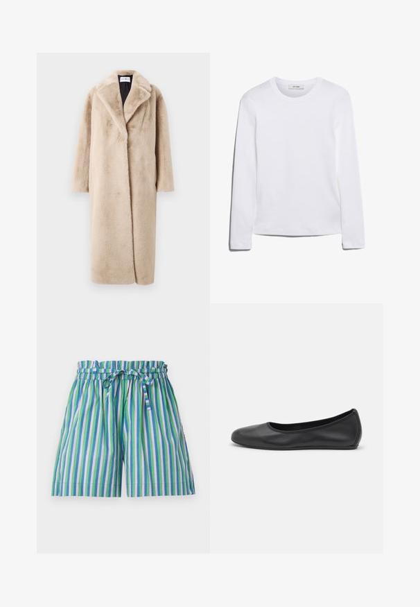 Beige neplederen bontjas met een ontspannen silhouet, brede revers en lange mouwen. Het oppervlak heeft een zachte, pluche textuur en een modern, minimalistisch ontwerp.; Wit T-shirt met lange mouwen, gemaakt van ribgebreide katoen, met een ronde halslijn en een rechte zoom. Eenvoudig ontwerp zonder patronen of accenten.; MILLE CARY - Shorts - multicoloured; Zwarte leren ballerina met een ronde neus, gladde textuur, minimale stikdetails en een flexibele zoolontwerp.