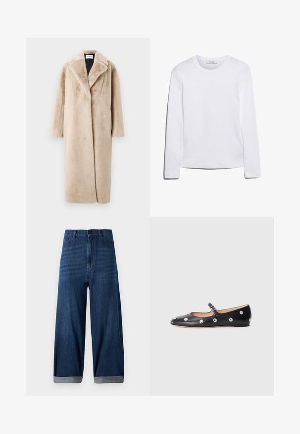 Beidzis mākslīgās kažokādas mēteli smilškrāsā ar brīvu siluetu, plats apmetnis un garas piedurknes. Virsma ir mīksta, grezna tekstūra un mūsdienīgs, minimāls dizains.; Bieza piedurkņu balta T-krekls, izgatavots no ribota kokvilnas, ar apaļu kakla izgriezumu un taisnu apakšmalu. Vienkāršs dizains bez rakstiem vai akcentiem.; Tumši zili plaša kroppa džinsi ar atloka malām, priekšējo pogu un kabatām uz vienkārša gaiša fona.; Melna ādas Mary Jane līdzena zābaku ar noapaļotu purngalu, kurā ir sudraba apaļie kniedes un regulējama siksniņa ar sprādzi.