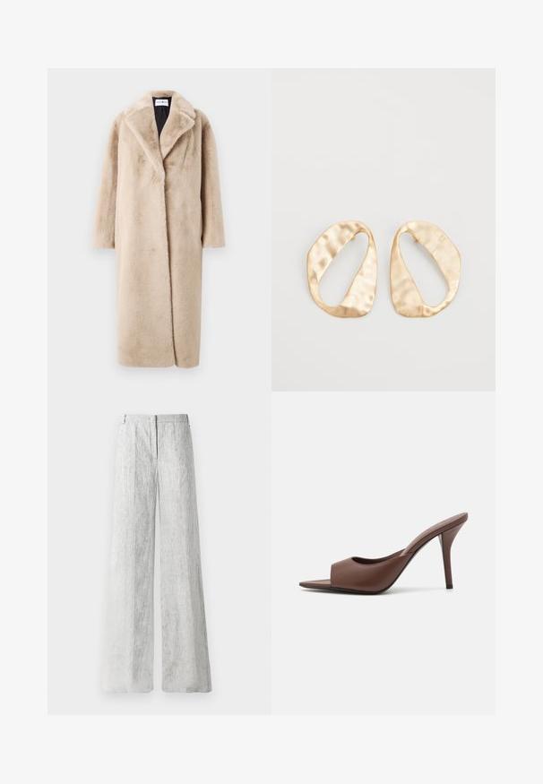 Šviesiai ruda dirbtinio kailio striukė su laisvu siluetu, plačiais atvartais ir ilgomis rankovėmis. Paviršius turi minkštą, purų tekstūrą ir modernų, minimalistinį dizainą.; Balta ilga rankovė T-marškiniai, pagaminti iš dryžuoto medvilnės, su apvaliu kaklu ir tiesia apatine dalimi. Paprastas dizainas be raštų ar akcentų.; Šviesiai pilkos spalvos pločio kelnės, pagamintos iš tekstūruoto audinio su subtiliomis vertikaliomis linijomis. Yra priekinis užtrauktukas ir diržo kilpos.; Rudi odos atviri aukšti kulniukai su elegantišku dizainu, turinčiu plačią priekinę juostą ir siauromis stiletto kulkšnimis.; Nedidelis nereguliarus ovalo formos aukso tono metalinių auskarų pora su tekstūruota, šiek tiek kalta paviršiumi ant balto fono.