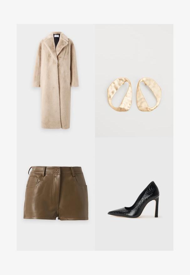 Beige faux fur coat with a relaxed silhouette, wide lapels, and long sleeves. Surface has a soft, plush texture and a modern, minimal design.; Long-sleeve white T-shirt made of ribbed cotton, featuring a round neckline and a straight hem. Simple design with no patterns or accents.; Brown faux leather shorts with a fitted design, waistband with belt loops, front pockets, and visible stitching details.; Black pointed-toe high heel shoe with a crocodile-skin texture, featuring a sleek design, high stiletto heel, and smooth black interior.; Pair of irregular oval-shaped gold-toned metal earrings with a textured, slightly hammered surface on a white background.