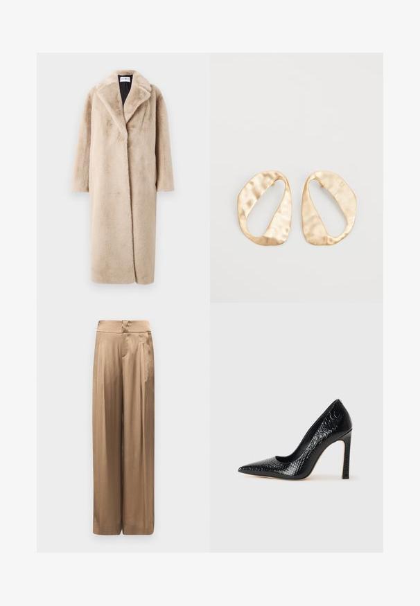 Beige neplederen bontjas met een ontspannen silhouet, brede revers en lange mouwen. Het oppervlak heeft een zachte, pluche textuur en een modern, minimalistisch ontwerp.; Wit T-shirt met lange mouwen, gemaakt van ribgebreide katoen, met een ronde halslijn en een rechte zoom. Eenvoudig ontwerp zonder patronen of accenten.; Wijde broek in een metallic bronzen stof. Kenmerkt zich door een gladde textuur, hoge tailleband en voorplooien voor extra vorm.; Zwarte puntige hoge hak schoen met een krokodillenleren textuur, met een slank ontwerp, hoge stiletto-hak, en een gladde zwarte binnenkant.; Een paar onregelmatig ovale, gouden metalen oorbellen met een gestructureerd, lichtgehamerd oppervlak op een witte achtergrond.