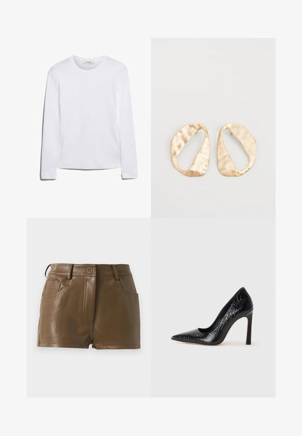 Beżowy płaszcz z sztucznego futra o luźnym kroju, z szerokimi klapami i długimi rękawami. Powierzchnia ma miękką, pluszową teksturę i nowoczesny, minimalistyczny design.; Biała koszulka z długim rękawem wykonana z prążkowanej bawełny, z okrągłym dekoltem i prostym dołem. Prosty design bez wzorów i akcentów.; Brązowe szorty z faux skóry o dopasowanym kroju, z paskiem z pętelkami, przednimi kieszeniami oraz widocznymi detalami przeszyć.; Czarne szpilki z ostrym noskiem, pokryte teksturą skóry krokodyla, charakteryzujące się eleganckim wzornictwem, wysokim obcasem w stylu stiletto oraz gładkim czarnym wnętrzem.; Para nieregularnych, owalnych kolczyków ze złotego metalu o teksturowanej, lekko młotkowanej powierzchni na białym tle.