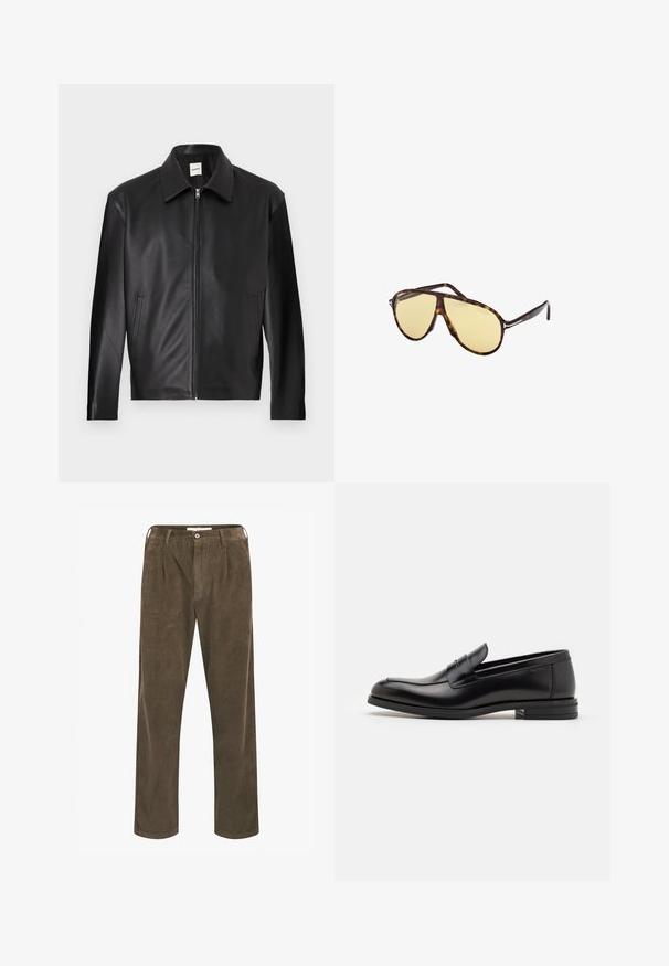 Black leather jacket with a smooth texture, snap collar, front zipper, and two side pockets. Minimalist design with a modern silhouette.; Light pink button-up shirt made from cotton, featuring a classic collar, long sleeves, and a small embroidered horse logo on the chest.; Brown corduroy trousers featuring vertical ridges, a relaxed fit, front pleats, and a single button closure.; Black leather loafers with a smooth texture, rounded toe, and a decorative strap across the vamp. Low stacked heel, minimalist design.; Tortoiseshell sunglasses with yellow lenses. Aviator shape with double bridge and metal accents. Smooth surface and sleek design.