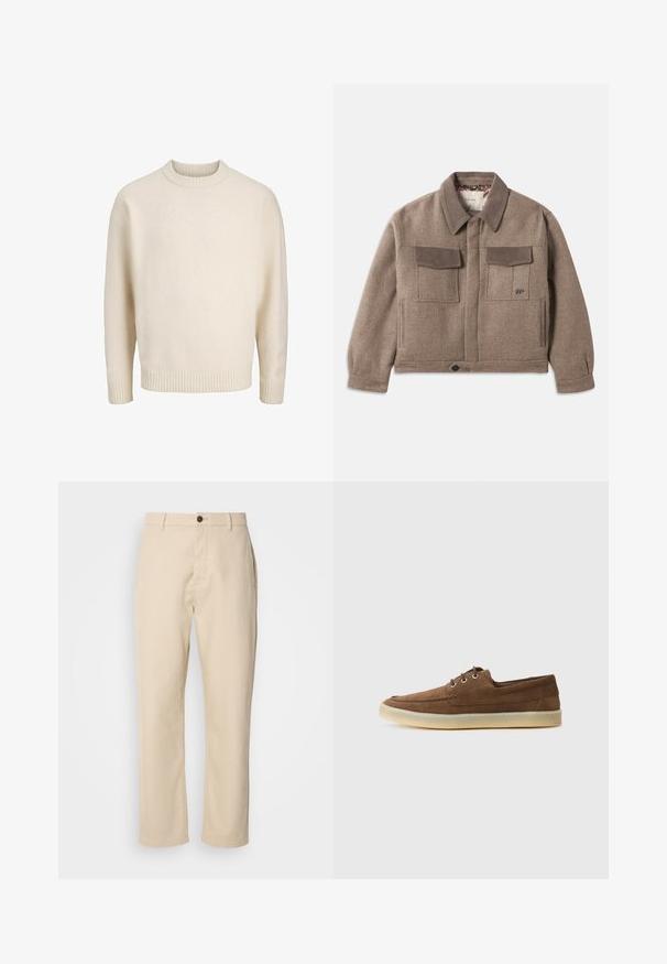 Taupe wool jacket with suede collar and pocket flaps, front button closure, long sleeves, and two chest pockets with flap covers.; Cream cotton-blend sweater with a ribbed crew neckline, dropped shoulders, and ribbed cuffs and hem. Soft texture with a relaxed fit.; Beige cotton pants with straight legs, a front button closure, side pockets, and a smooth texture. Minimalist design, no visible patterns.; Brown suede shoes with a low profile, laced design, rubber sole, and contrasting stitching details. Simple and functional style.