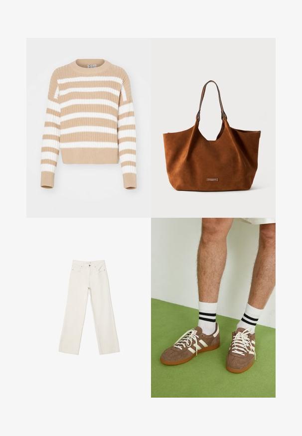 Beżowy trencz z czarnymi guzikami, szerokimi klapami i podwiniętymi rękawami, zestawiony z białymi spodniami typu wide-leg i brązowymi butami na platformie.; Beżowy i biały sweter dzianinowy w paski z ryżowym teksturą, okrągłym dekoltem i skróconymi rękawami. Miękki materiał, luźny krój, casualowy design.; Białe dżinsy w szerokim kroju wykonane z denimu, z wysokim stanem, przednimi kieszeniami i zapięciem na guzik. Czysty design z minimalnymi akcentami.; Brązowe zamszowe sneakersy z białymi akcentami i sznurówkami. Gumowa, brązowa podeszwa. Noszone z białymi skarpetkami w czarne paski. Zielona teksturowana podłoga.; Brązowa torba tote z zamszowego materiału o miękkiej fakturze, dużym kształcie i wydłużonych skórzanych uchwytach. Posiada plakietkę z logo na przodzie.