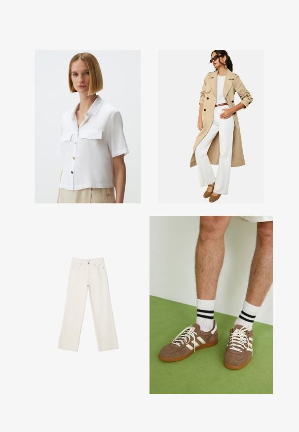 Beige trenchcoat met zwarte knopen, brede revers en opgerolde mouwen, gecombineerd met witte wijde broekspijpen en bruine platform schoenen.; Jimmy Key SHORT SLEEVE WITH POCKET DETAIL - Overhemdblouse - white; Witte wijde spijkerbroek van denim, met een hoge taille, voorzakken en een knoopsluiting. Eenvoudig ontwerp met minimalistische accenten.; Bruine suède sneakers met witte accenten en veters. Rubberen gumzool. Draag met witte sokken met zwarte strepen. Groene gestructureerde vloer.