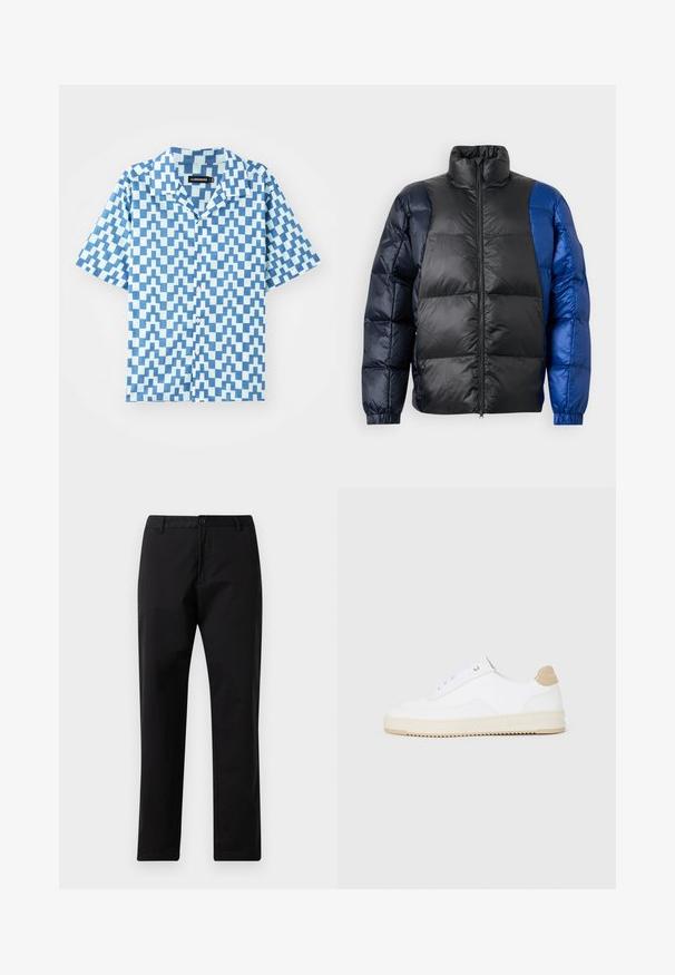 Casaco acolchoado com colarinho alto, uma mistura de materiais pretos e azuis, fecho de zíper e punhos elásticos com textura acolchoada.; Camisa de botão de manga curta em tons de azul com um padrão geométrico de zig-zag, feita de tecido leve. Apresenta um colarinho clássico e um corte regular.; Calças pretas de perna reta com fecho de botão e zip, passantes para cinto e bolsos frontais, exibidas sobre fundo branco.; Sapatilhas brancas de cano baixo com parte superior em couro texturizado, sola cream estriada e detalhe em tan no calcanhar. Apresenta atacadores brancos e detalhe do logótipo no calcanhar.