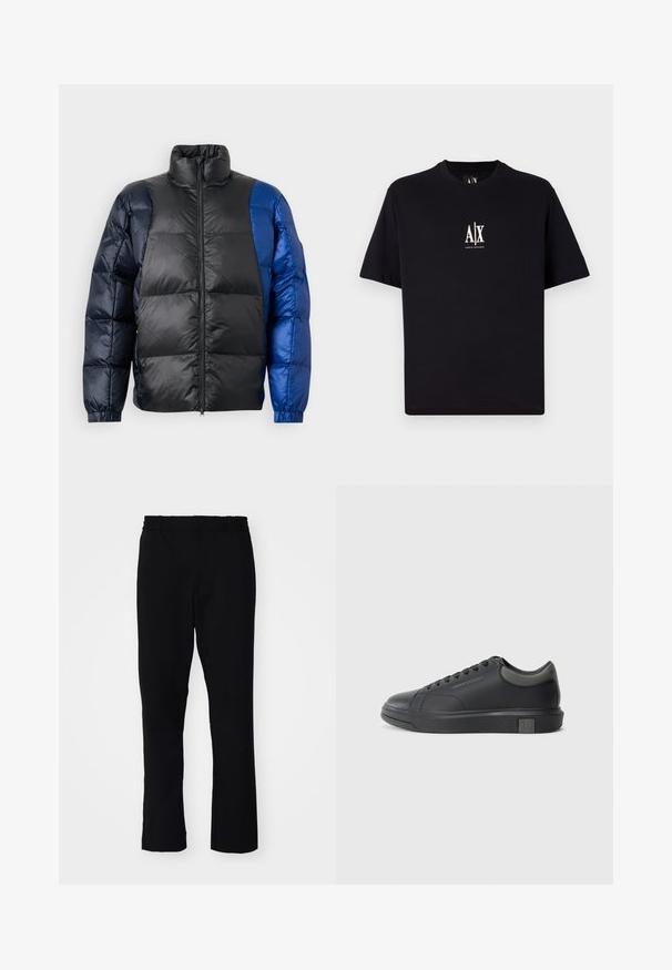 Polstret jakke med høy krage, en blanding av svarte og blå materialer, glidelås foran og elastiske mansjetter med en quiltet tekstur.; Svart t-skjorte med korte ermer laget av bomull. Har en liten hvit "A|X" logo på brystet. Enkel, rektangulær form med standard rund hals.; Sorte bukser med slim fit. De har en elastisk talje og lige ben, lavet af et glat stof med en mat finish.; Sorte lærersneakers med en glat finish, rund tå og mørkegrå detaljer. Har snørebånd og en struktureret gummisål.