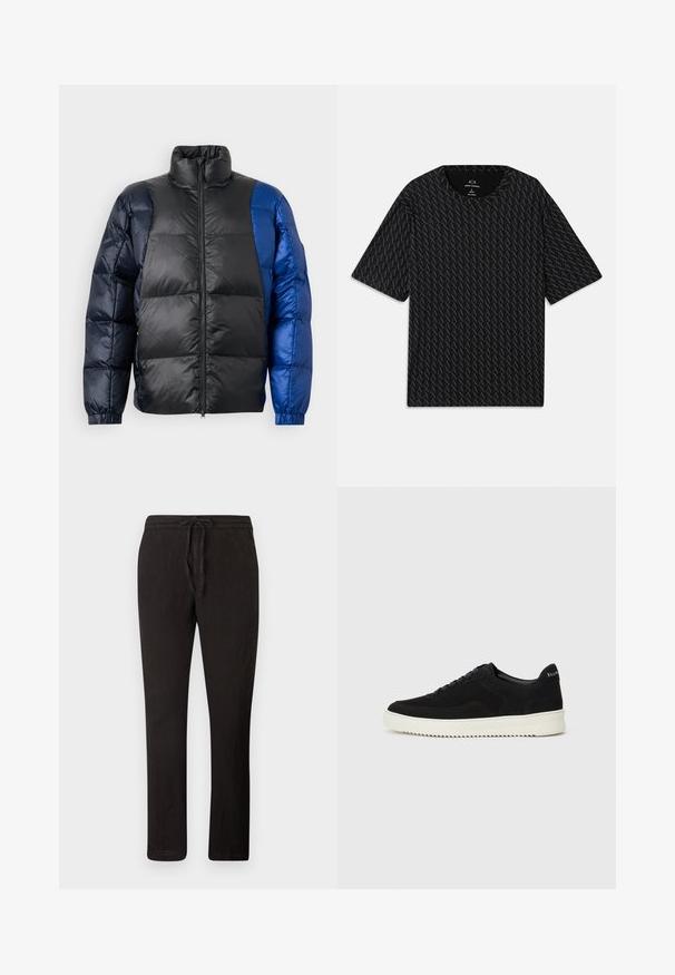 Veste rembourrée avec un col haut, un mélange de matériaux noir et bleu, fermeture éclair et poignets élastiques avec une texture matelassée.; T-shirt noir avec un motif texturé de logos 'A' alternés, manches courtes et col rond. Fabriqué en tissu léger.; Pantalons en lin noir avec taille élastique, coupe droite, tissu texturé et design minimaliste. Convient pour une tenue décontractée.; Baskets en daim noir avec un design à lacets et une semelle en caoutchouc blanc contrastant. Comprend des panneaux latéraux texturés et un logo subtil sur le talon.