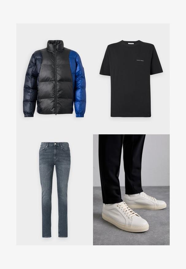 Chaqueta acolchada con cuello alto, una mezcla de materiales negros y azules, cierre de cremallera y puños elásticos con textura acolchada.; Camiseta de algodón negra con cuello redondo, mangas cortas y un pequeño logo blanco "TIGER OF SWEDEN" en el pecho. Corte clásico.; Jeans de denim azul oscuro con corte slim, acabado deslavado, bolsillos delanteros y cierre tradicional de botón. Textura suave y pierna recta.; Zapatillas de cuero color beige claro con cordones planos, una superficie texturizada y una suela de goma color crema en contraste, combinadas con pantalones negros ajustados.