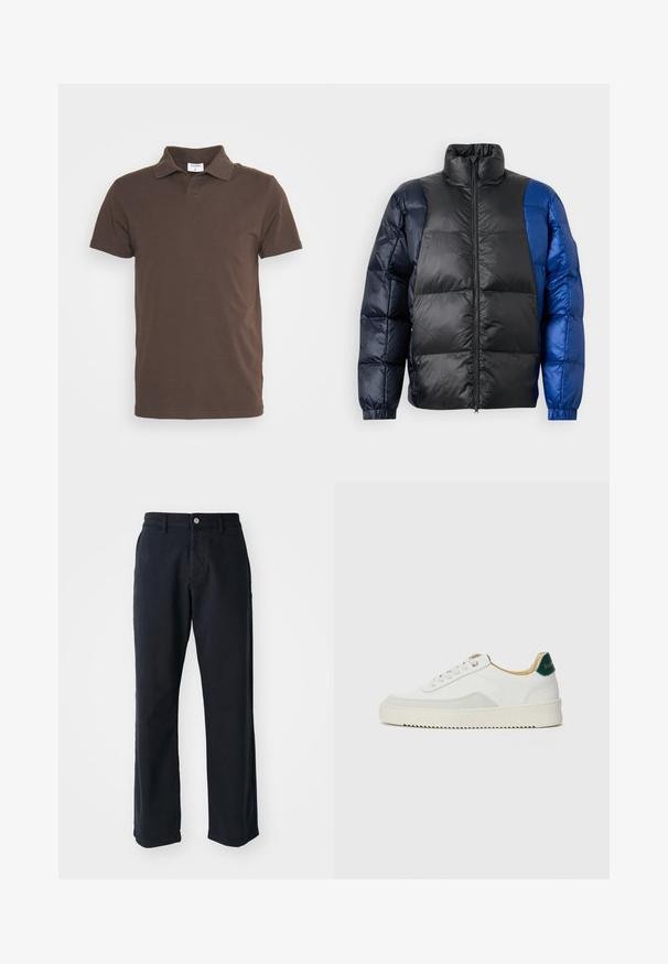Párnázott dzseki magas gallérral, fekete és kék anyagok keverékével, cipzáras záródással és rugalmassal ellátott mandzsettákkal, steppelt textúrával.; Filippa K Pólóing - dark choco; Sötétkék pamut nadrág egyenes lábakkal, elöl gombos záródással és két oldalsó zsebbel. Simább textúra, látható minták nélkül.; Fehér sneaker suédé részletekkel, kerek orral, lapos fűzőkkel és krémszínű gumitalppal. Zöld logó található a sarkán.