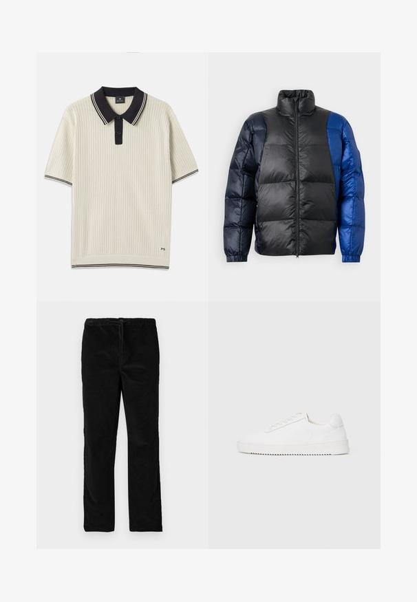 Polstret jakke med høy krage, en blanding av svarte og blå materialer, glidelås foran og elastiske mansjetter med en quiltet tekstur.; Kortermet polo skjorte i kremfarge med teksturert mønster, svart krage og knappestolpe, samt kontrasterende stripe detaljer. Logo på sømmen.; Sorte rette fløyelsbukser med elastisk midjebånd og frontstramming, vist mot en enkel hvit bakgrunn.; Hvit sneaker med en glatt skinnoverdel, avrundet tå, snøring, teksturerte sideakenter og en tykkgummisåle. Minimalistisk design.