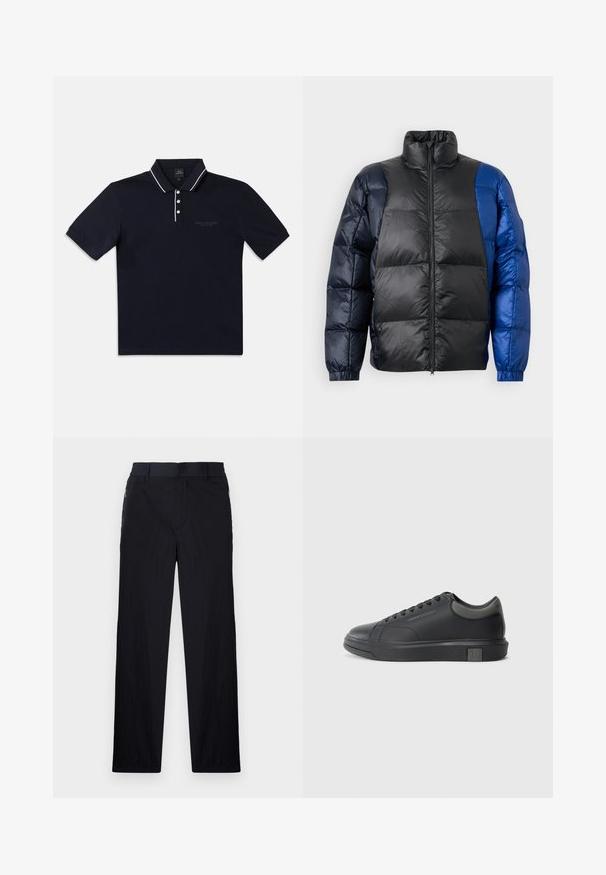 Párnázott dzseki magas gallérral, fekete és kék anyagok keverékével, cipzáras záródással és rugalmassal ellátott mandzsettákkal, steppelt textúrával.; Tengerészkék pamut keverékből készült galléros póló rövid ujjakkal, gallérral és háromgombos plackettel. A galléron fehér szegély és finom logó részlet található.; Fekete nadrág könnyű, textúrált anyagból, egyenes szárú kialakítással, rugalmas derékpánttal és oldalsó cipzáras zsebekkel.; Fekete bőrlábbeli sima felülettel, kerek orral és sötétszürke kiegészítőkkel. Fűzős kialakítású és texturált gumitalppal rendelkezik.