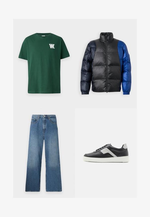 Polstret jakke med høy krage, en blanding av svarte og blå materialer, glidelås foran og elastiske mansjetter med en quiltet tekstur.; Grønn bomulls t-skjorte med rund hals og korte ermer, med en hvit "W" logo på venstre bryst. Enfarget design, ingen mønstre.; Bredde ben blå denimjeans med et klassisk femlomme design, frontknaplukking og lett falming for tekstur.; Svart lær sneakers med grå detaljer, hvit gummisåle, rund tå og seks svarte snøringhull. Teksturert sidetafele.