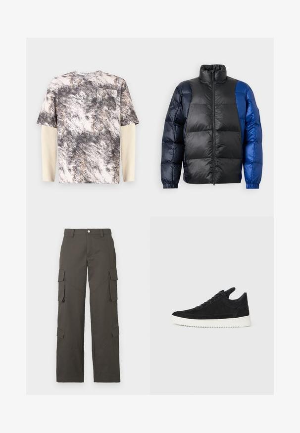 Pikowana kurtka z wysokim kołnierzem, wykonana z połączenia czarnego i niebieskiego materiału, z zapięciem na suwak oraz elastycznymi mankietami.; Koszula z krótkim rękawem w szaro-beżowy abstrakcyjny wzór teksturowany, z kieszonką na piersi oraz warstwowymi długimi rękawami w prążkowanej fakturze.; Ciemnoszare, proste spodnie cargo z zapięciem na guzik i czterema kieszeniami z klapkami, dwiema na udach i dwiema w okolicy łydek.; Czarne zamszowe sneakersy z białą gumową podeszwą, z tonalnym przeszyciem i sznurowanym zapięciem. Gładka tekstura, nowoczesny, smukły kształt.
